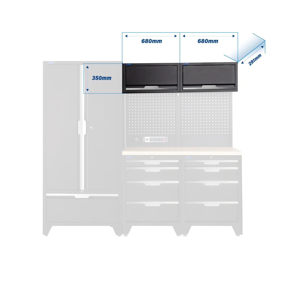 SGS 7pc Modular Garage Storage | 8 Drawers | Plywood Worktop | 2x Upper Cabinets | Tall Double Cabinet with Drawer | Pegboard with Power Strip